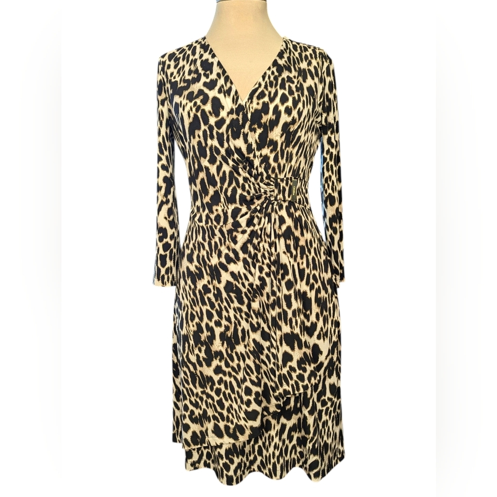 Calvin Klein Leopard Print, 3/4 Sleeve, Wrap Dress
